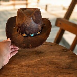 Brown Distressed Western Cowboy Hat with Turquoise Accent - Women